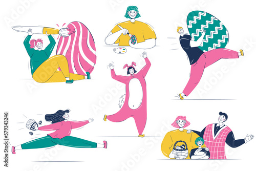 set of people celebrating Easter in a rabbit costume, with eggs, decorate eggs, in dynamic poses. Easter characters set for festival and fair