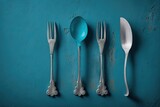 Silverware from the past, displayed vertically against a blue concrete backdrop, with copy space. Generative AI