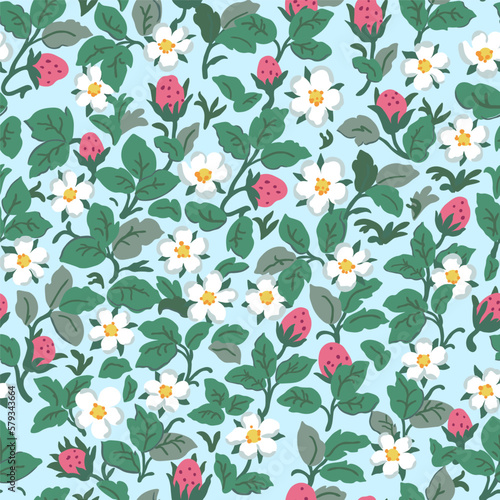 Strawberry seamless pattern. Cute summer berries and flowers on a blue background. Textile vintage design.