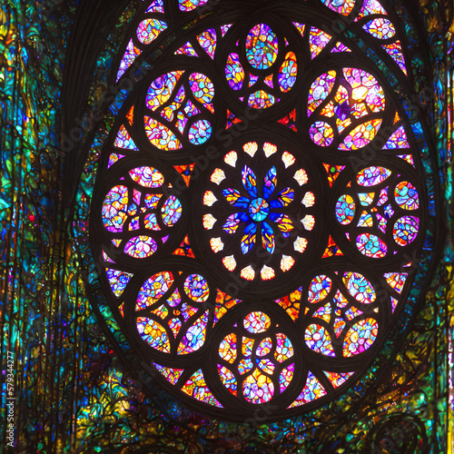 Rose Stained Glass Window in Church Generative AI Art
