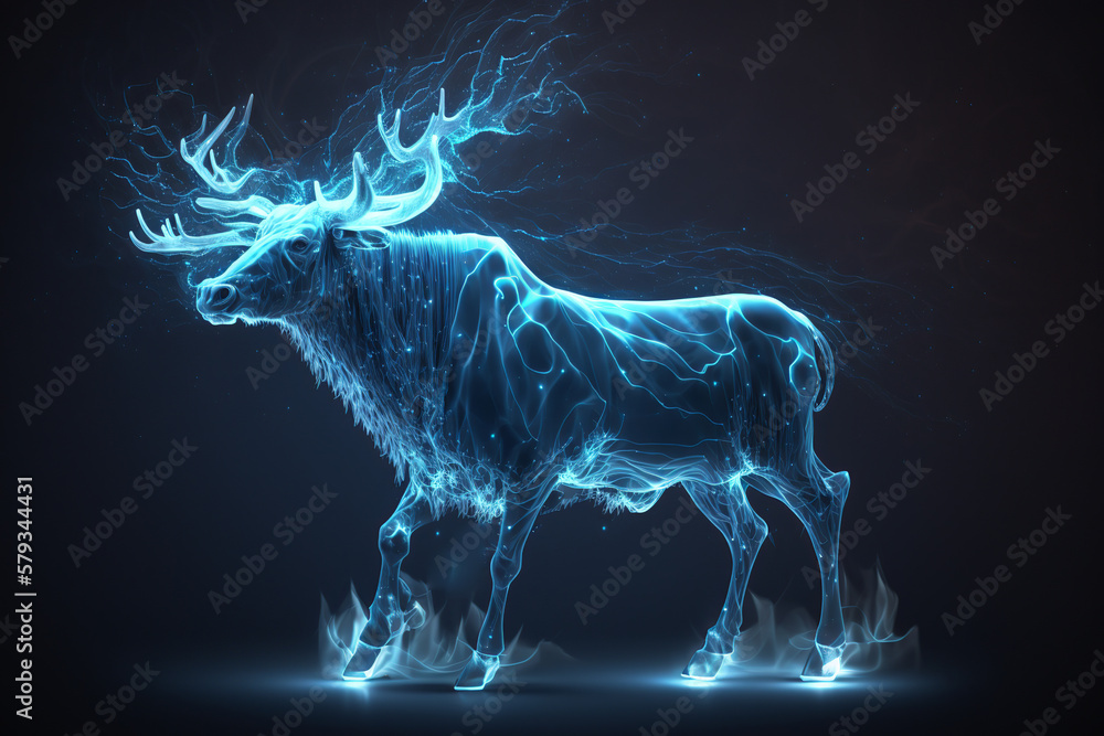 magic, deer, bull, creature, light, energy, smoke, design, concept, backgrounds, blue, illustration, dark, fractal, space, science, x-ray, motion, black, power, brain, image, animation, generative, ai