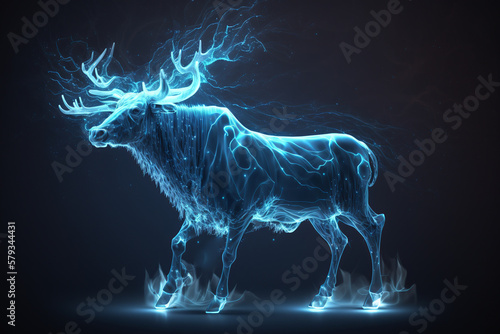 magic, deer, bull, creature, light, energy, smoke, design, concept, backgrounds, blue, illustration, dark, fractal, space, science, x-ray, motion, black, power, brain, image, animation, generative, ai