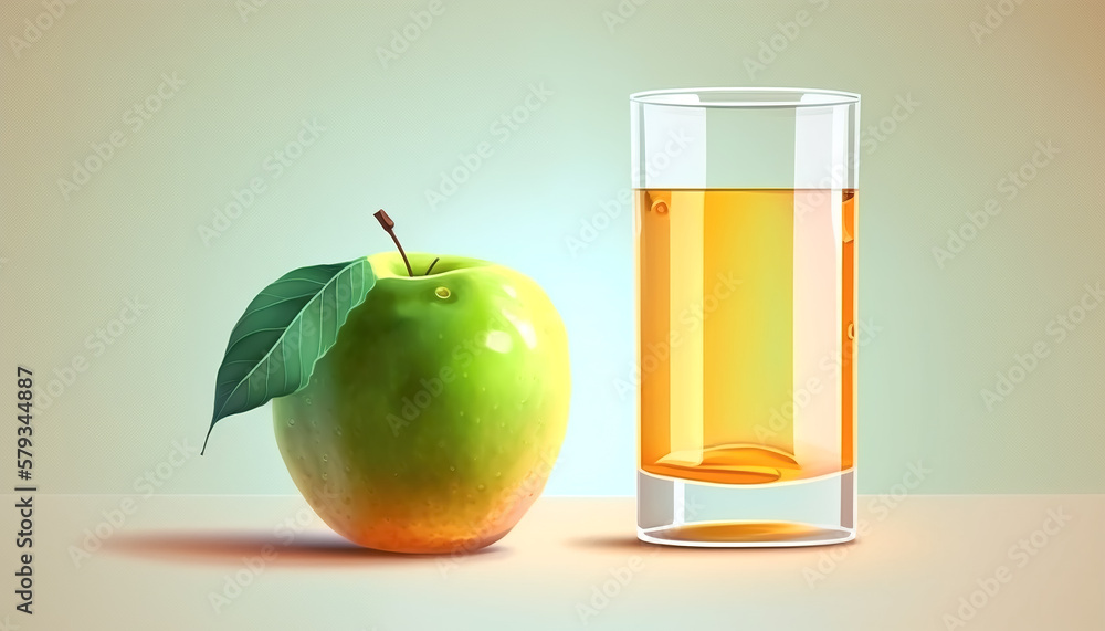 A glass of apple juice and an apple, generative AI. A glass of apple juice and an apple, generative AI.