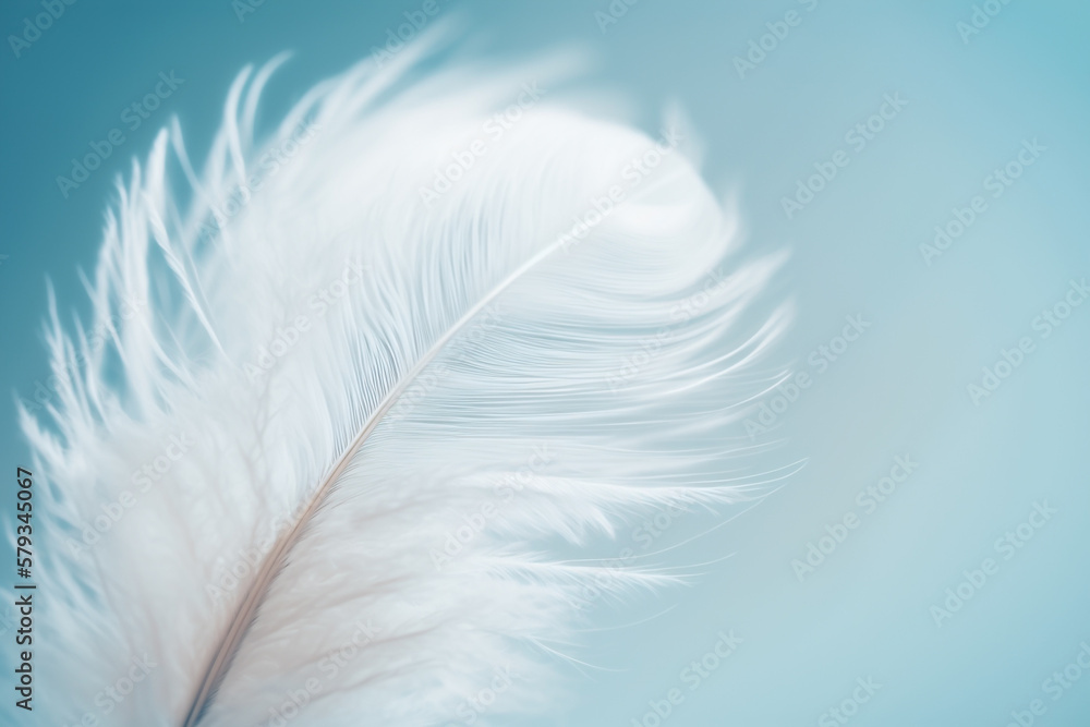Fototapeta premium white delicate air feather on a blue background Generative AI