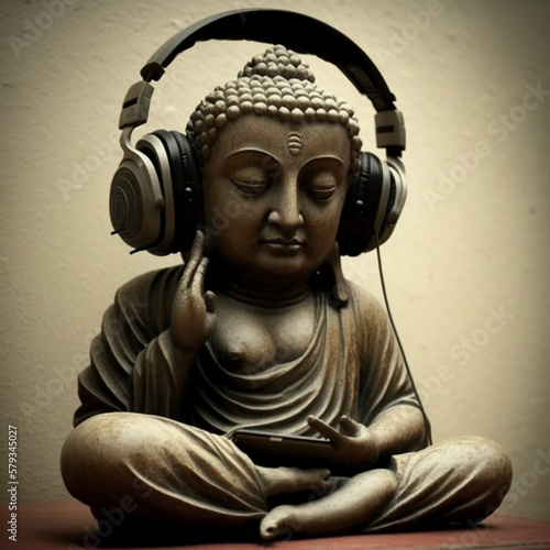 Buddha with music headphones. Generative AI. photo