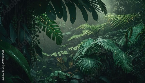 Tropical rainforest, jungle trees and plants in the fog. Generative AI illustration.