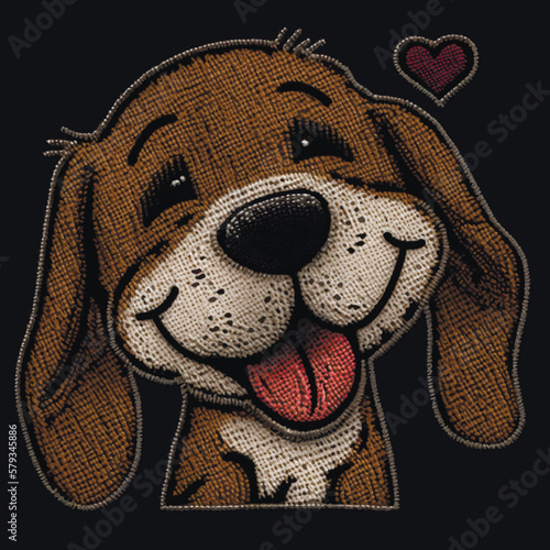 Smililng puppy with love heart. Embroidery textured colorful dog. Tapestry happy puppy with love heart. Embroidered vector background illustration. Design for card, prints, diy, applique