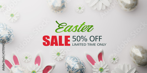 Easter sale banner design. Easter sale text up to 50% off promotion with 3d realistic bunny and eggs for seasonal shop discount advertisement. 3d rendering. © PW.Stocker