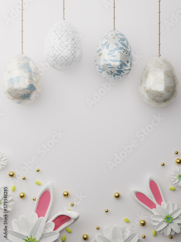 Easter colorful decorated eggs hanging on white background. Luxury easter concept. Happy Easter card with copy space for text. 3d rendering.