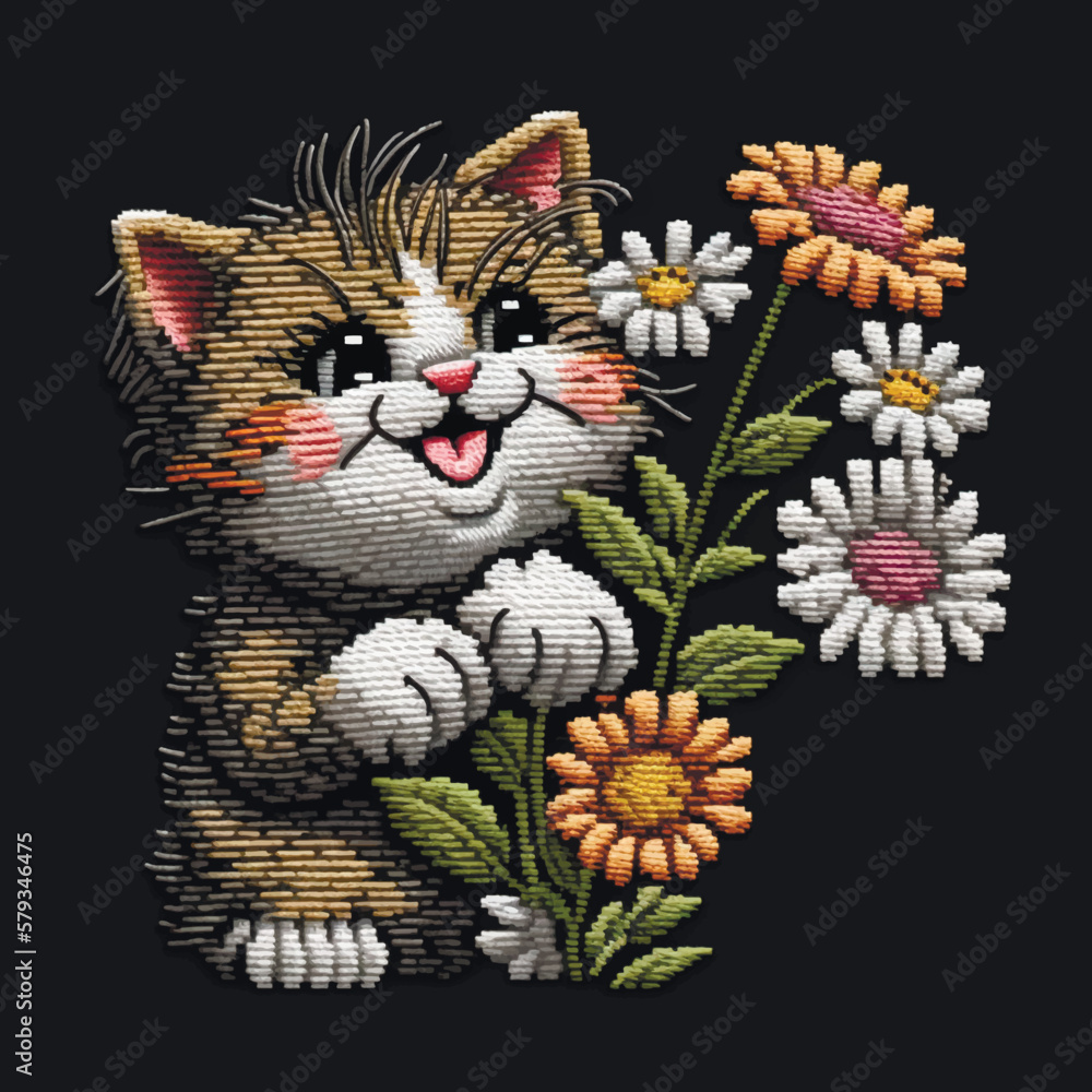 Smililng kitten with flowers. Embroidery textured colorful cute kitten. Bright tapestry happy cat and chamomile flowers. Embroidered vector background illustration. Beautiful decorative pattern