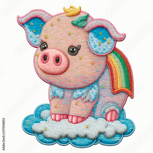 Funny cute cartoon tapestry little pig. Embroidery textured pink pig on the clouds. Abstract embroidered colorful vector background illustration. Stitching lines surface grunge 3d texture. Applique