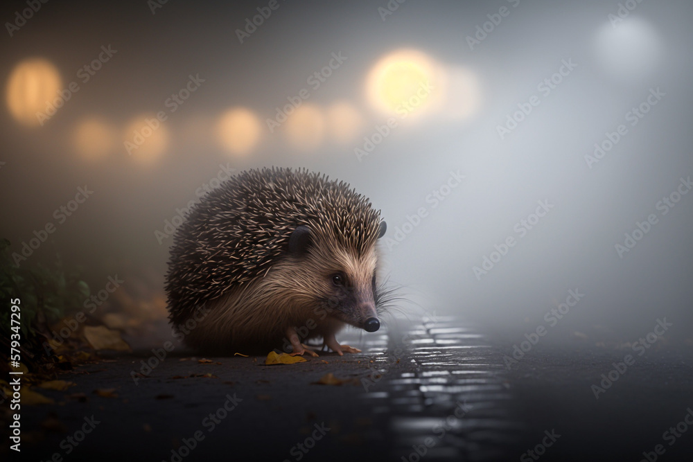 Obraz premium hedgehog in the fog on the road Generative AI