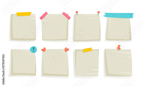 Vector illustration of a paper reminder. A set of paper notes. Reminder paper with pin, paper clip, pressure pin, adhesive tape and sticky tape.