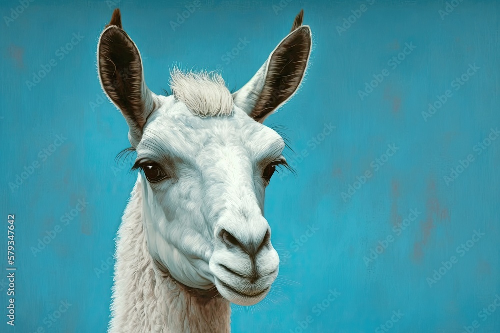 Painting of a llama. Cartoonish Llama or Alpaca head illustration on a blue background. Generative AI