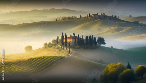 Picturesque misty landscape of Tuscany  Italy. Based on Generative AI