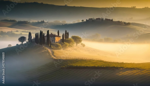 Picturesque misty landscape of Tuscany, Italy. Based on Generative AI