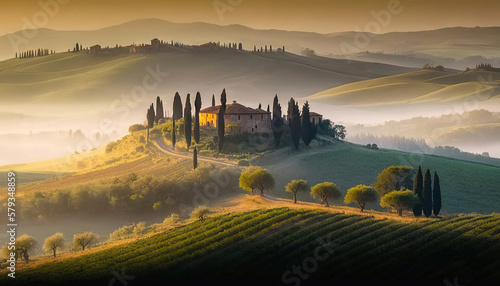 Picturesque misty landscape of Tuscany, Italy. Based on Generative AI © Yeti Studio