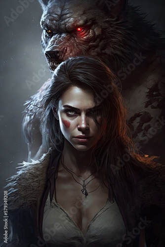 Photo Movie poster of a werewolf standing behind a young and beautiful woman with cinematic dark background