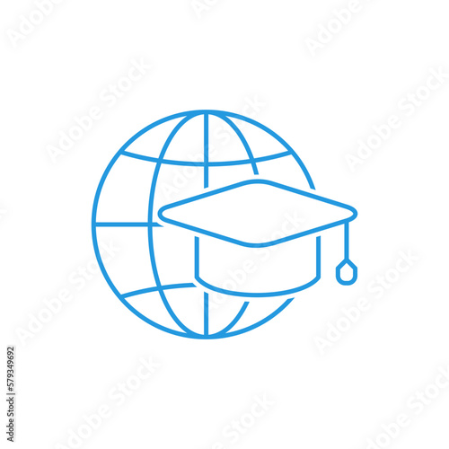 International education concept, global learning, online courses, internet university class, distance e-learning. Vector linear icon isolated on white background.