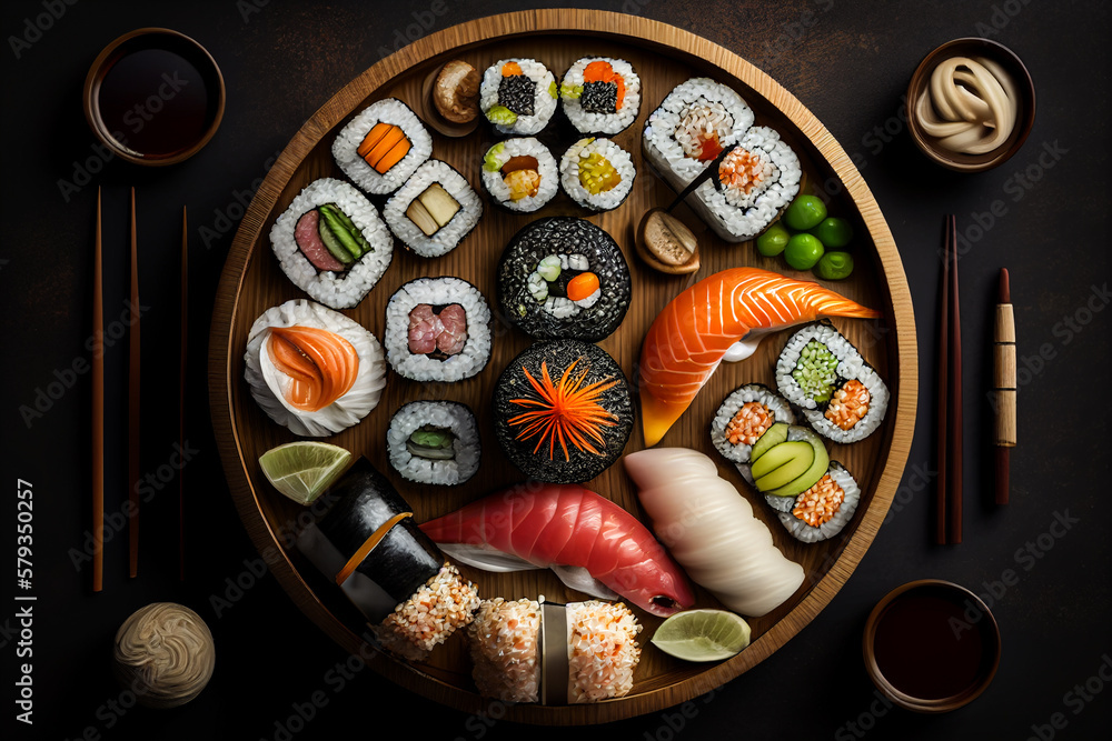 Japanese food restaurant - sushi maki california roll platter set with chopsticks isolated on a wooden plate background, above view. Generative ai