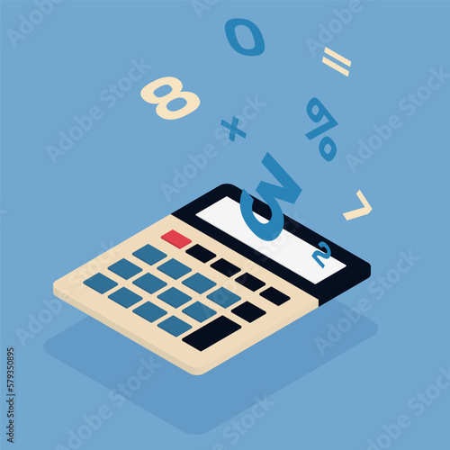 電卓から数字が浮かぶイラスト　アイソメトリック
