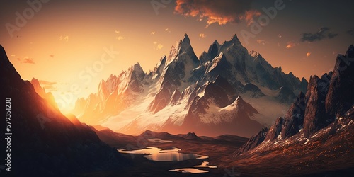 Photorealistic majestic mountain range at sunrise , generative AI 
