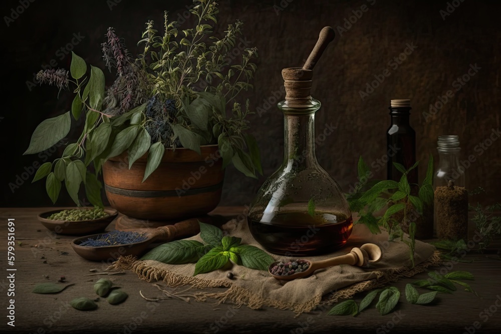 On the wooden table, there are medicinal plants, a mortar, and a bottle of essential oil. Synonymous with conventional medicine. Generative AI On the wooden table, there are medicinal plants, a mortar, and a bottle of essential oil. Synonymous with conventional medicine. Generative AI