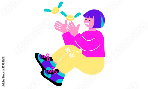 お金が逃げて焦る女の子のイラスト
