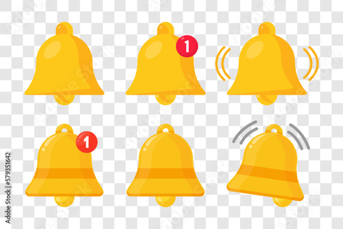 Notification bell icon. The golden alert bell. New notification. New sms or message. Vector set.