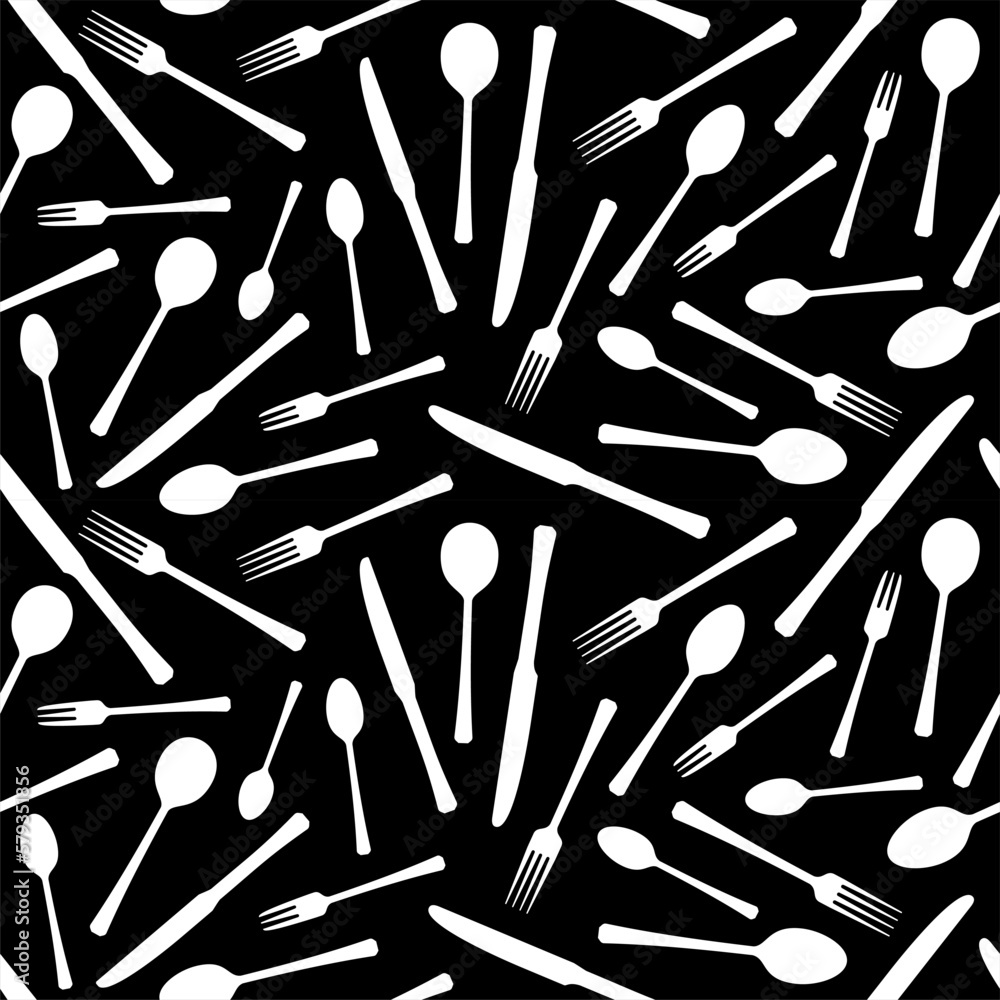 The dishes in the vector are isolated on a white background. Spoon fork knife plate hand-drawn. Table setting. The cutlery is black and white. Kitchen tools. Time to cook. Cutlery seamless The dishes in the vector are isolated on a white background. Spoon fork knife plate hand-drawn. Table setting. The cutlery is black and white. Kitchen tools. Time to cook. Cutlery seamless