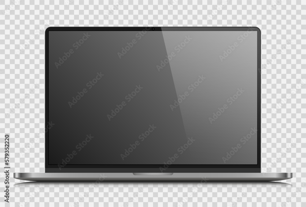 A laptop layout with a dark gray screen on a transparent background. A