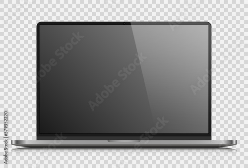 A laptop layout with a dark gray screen on a transparent background. A realistic, modern laptop with a silver case. Vector eps 10.