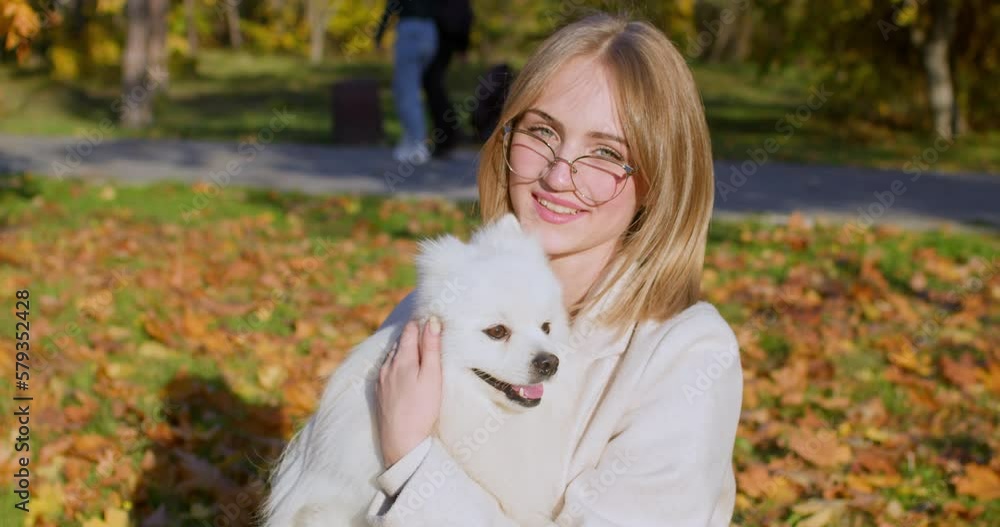 Young woman enjoys walking with lovely dog on autumn park lawn illuminated by sunlight. Blonde lady strokes fluffy pet holding in arms among yellowed leaves Young woman enjoys walking with lovely dog on autumn park lawn illuminated by sunlight. Blonde lady strokes fluffy pet holding in arms among yellowed leaves
