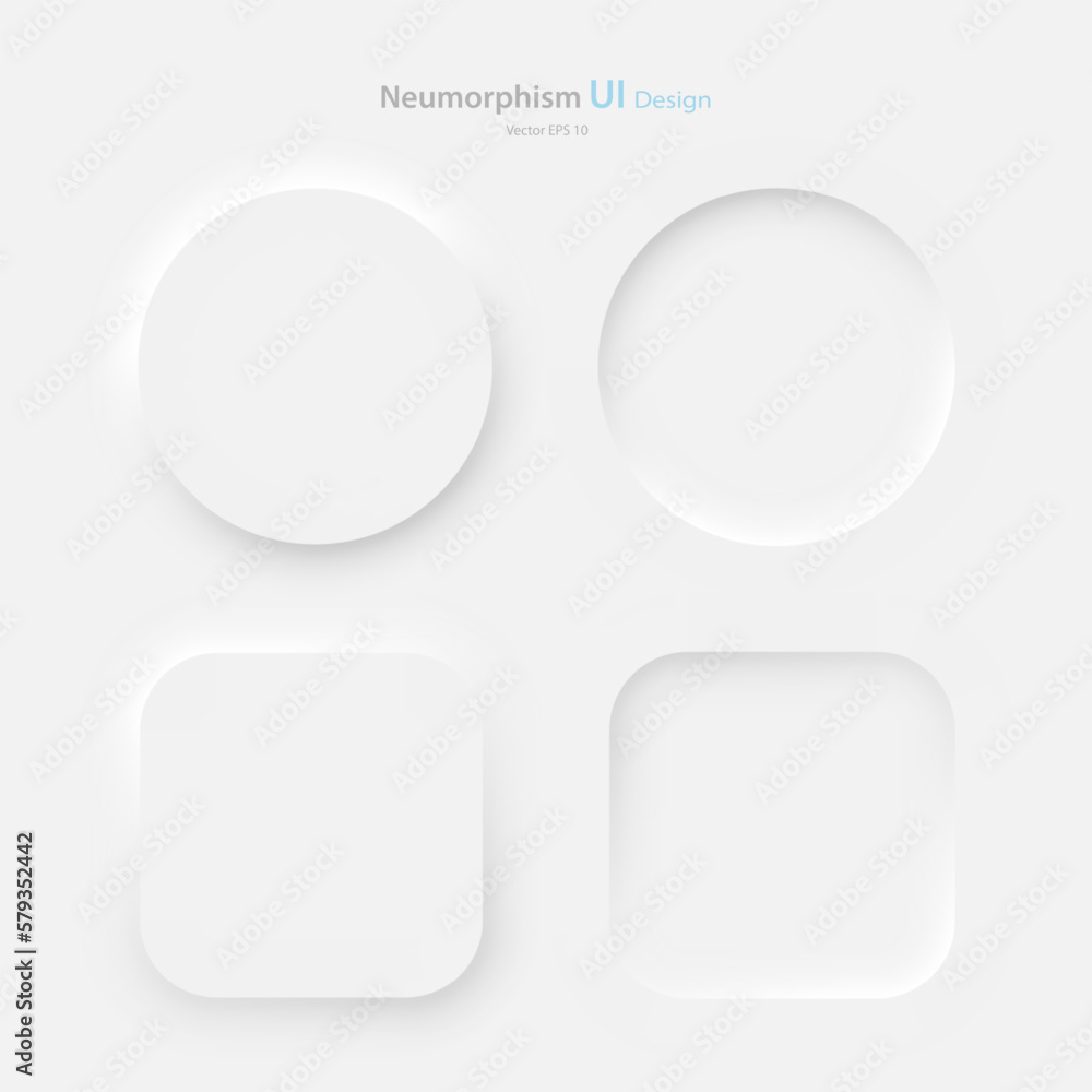 A set of square and round buttons on a white background. User interface elements in the style of neumorphism. Vector illustration.