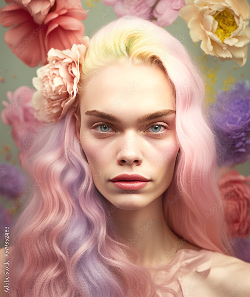 A beautiful young girl surrounded by fresh flowers on her pastel colored hair. Spring concept, fresh flowers and bright colors. Generative AI.