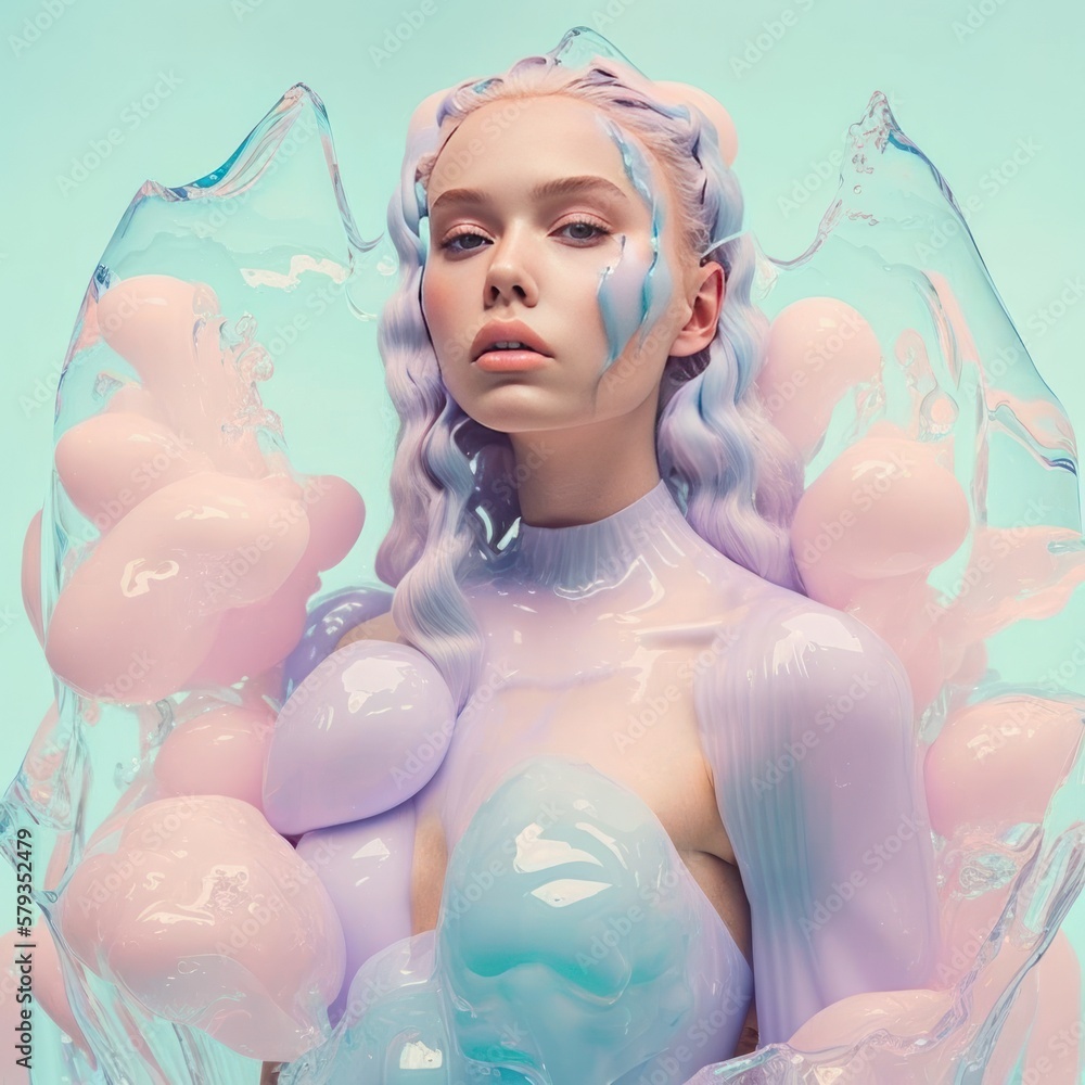 Cyber futuristic beautiful young girl surrounded by fresh flowers on her pastel colored space suit. Spring concept, fresh flowers and bright colors. Generative AI. - obrazy, fototapety, plakaty 