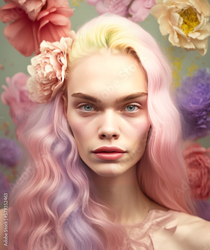 A beautiful young girl surrounded by fresh flowers on her pastel colored hair. Spring concept  fresh flowers and bright colors. Generative AI.