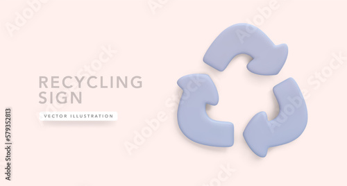Recycling sign in 3d realistic style with shadow isolated on red background. Vector illustration