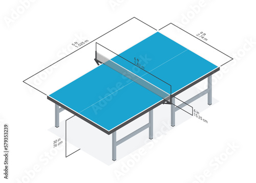 Table tennis diagram. Full-size table dimensions. Vector isometric.