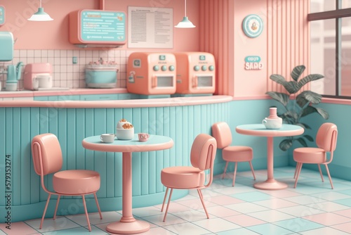 Cute cafe, coffee shop pastel blue pink color ambience for relaxation. Interior modern design. Generative AI.