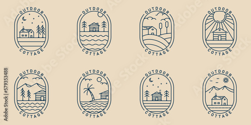 Set cottage logo line art style with emblem vector illustration design