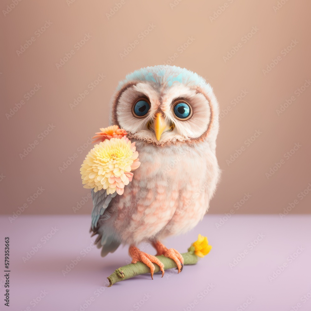 Spring animal creative concept of a cute night owl holding a fresh spring flower on a pastel background. Generative AI.
