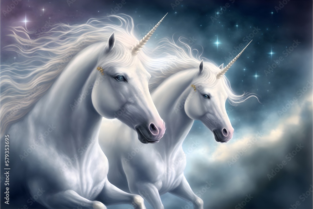 A pair of beautiful unicorns riding together in space, a galaxy, legendary, white, beautiful