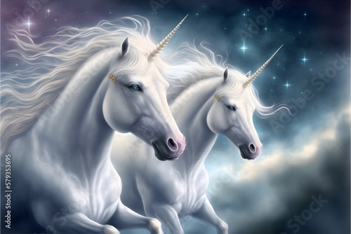 A pair of beautiful unicorns riding together in space, a galaxy, legendary, white, beautiful © TehilaOr