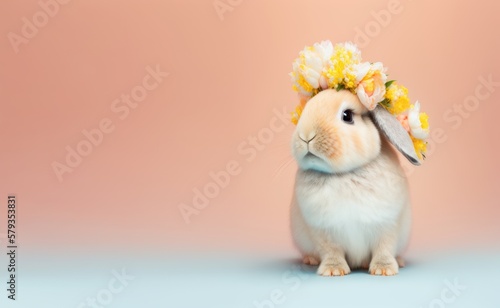Spring animal creative concept of a cute baby Easter bunny with wreath made of fresh spring flower, rabbit on a pastel background. Generative AI.