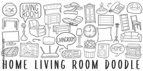 Living Room Doodle Icons. Hand Made Line Art. Home and House Clipart Logotype Symbol Design.