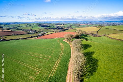Fields and Farmlands in spring from a drone, Devon, England, Europe