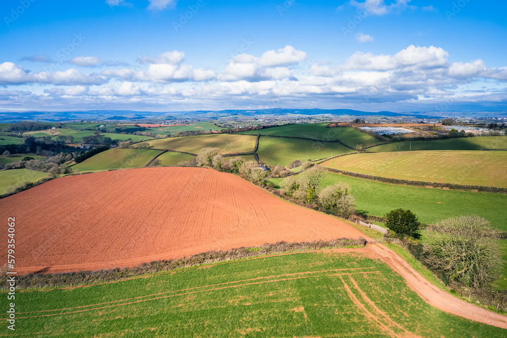 Fields and Farmlands in spring from a drone, Devon, England,  Europe
