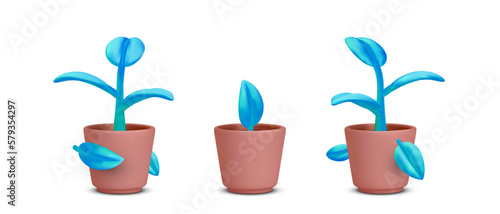 Set of realistic potted plant with shadow isolated on white background. Vector illustration