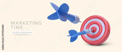 Realistic 3d design red target and blue arrows isolated on light background. Vector illustration